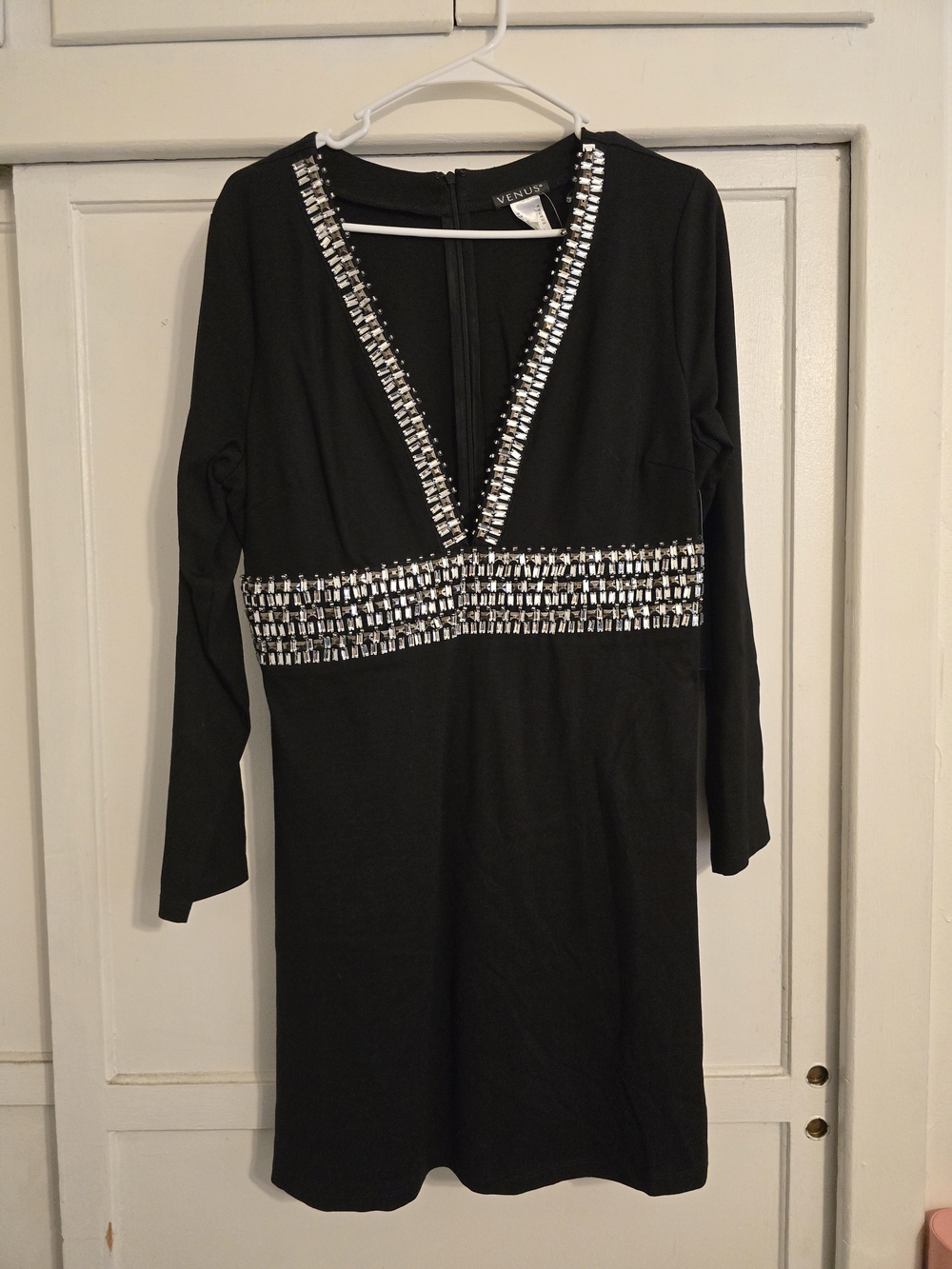 VENUS Black Long Sleeve V-Neck Dress with Silver Embellishment